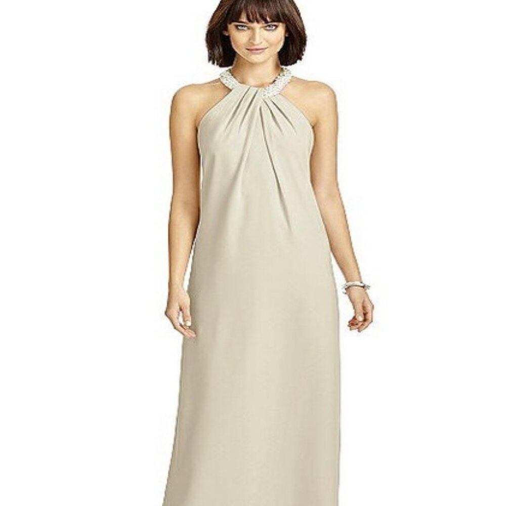 Dessy 2971.....Full Length Crepe Halter Neckline Dress....Palomino...Sz 14